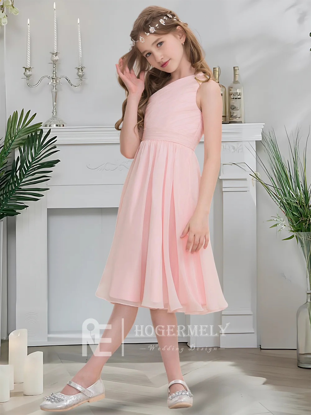 

B Blush One Shoulder Junior Bridesmaid Dress Flower Girl Dress Chiffon A Line Knee Length For Girls Party Wedding Formal Dresses