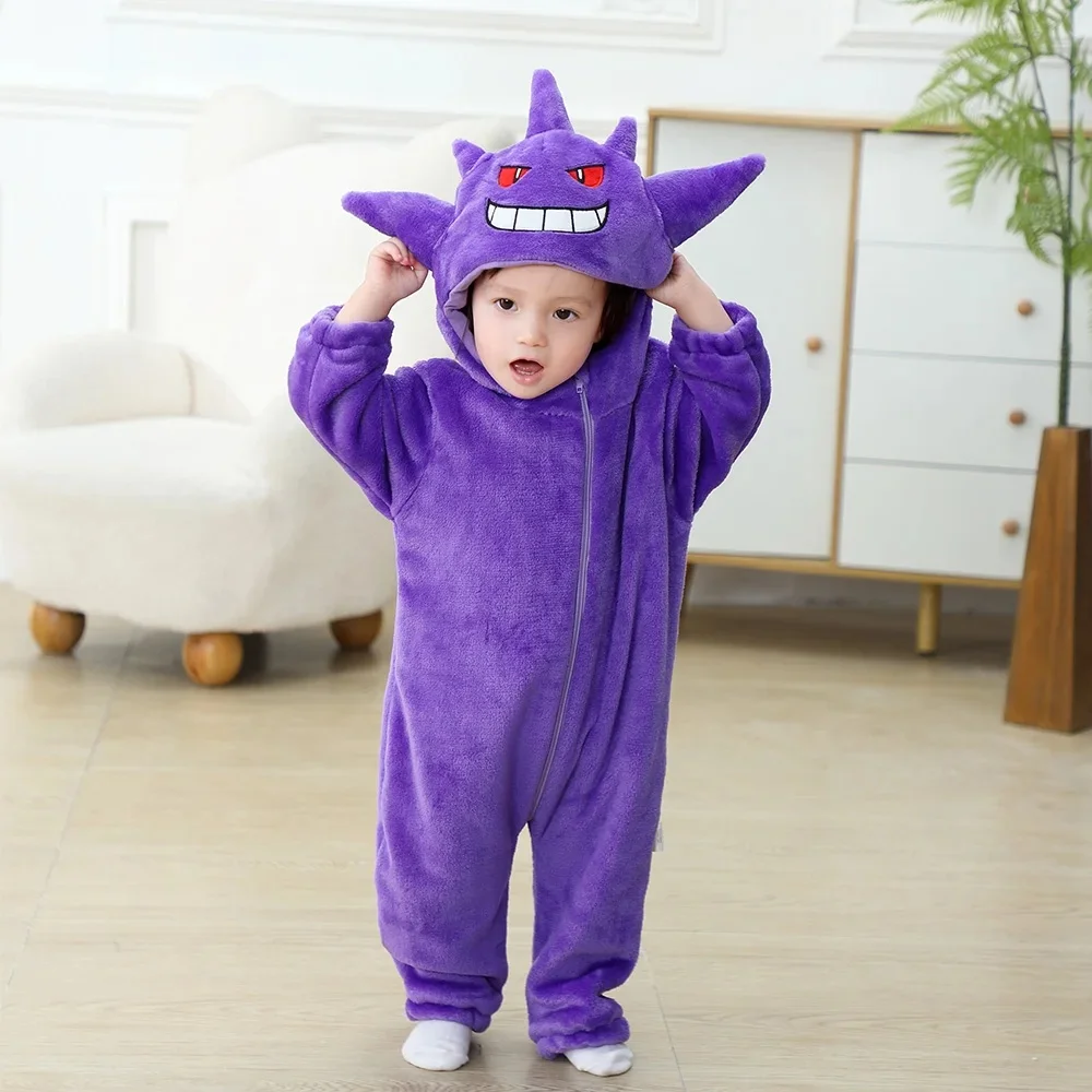 Anime Gengar Onesies śliczne śmieszne piżamy chłopcy dziewczęta Halloween festiwal strój na imprezę flanelowy ciepły miękki Romper fioletowy kombinezon — 2