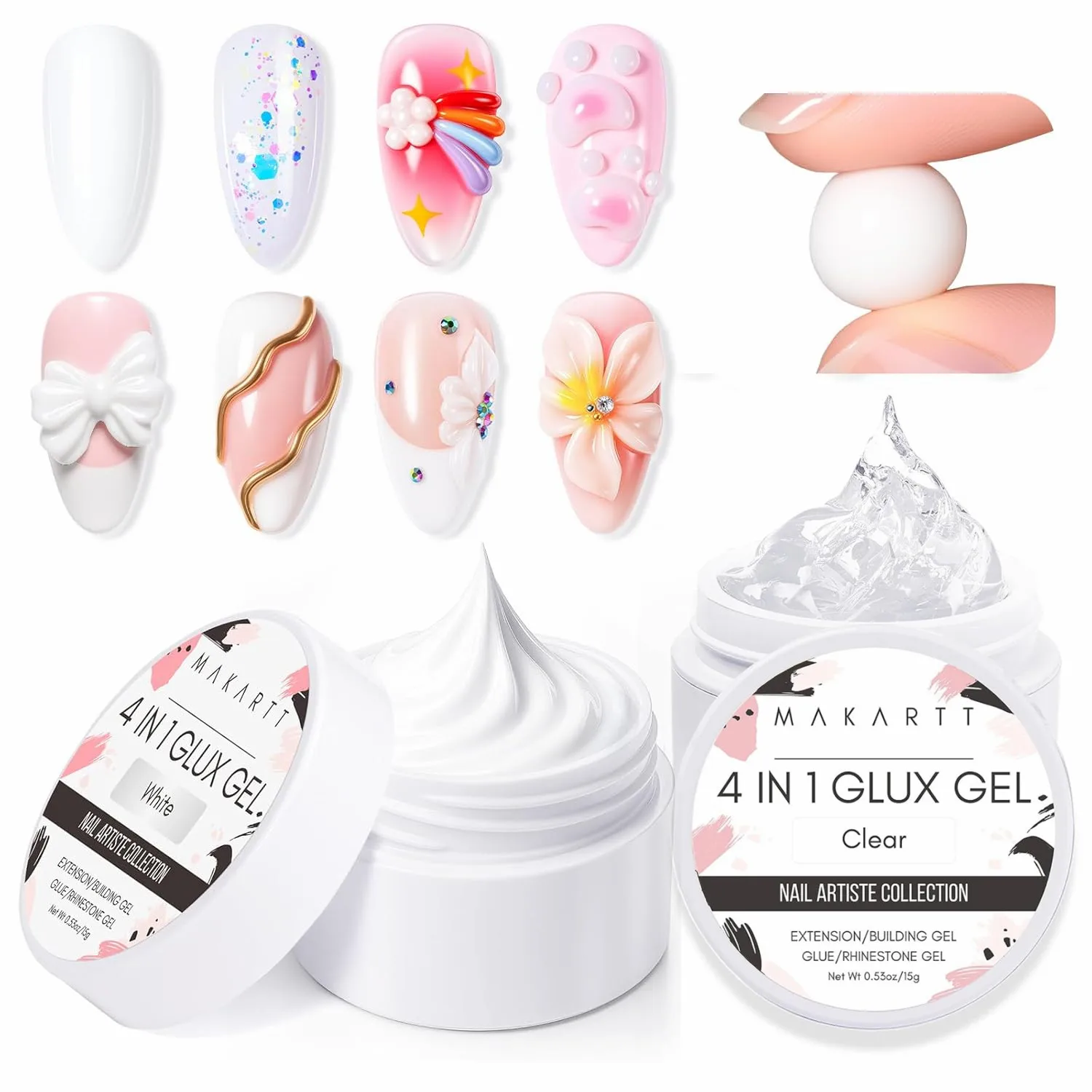 

Makartt 3D Gel Nail Art: 4-in-1 Solid Builder Nail Gel White Non-sticky Hands for Extension, 15ML UV Glue for Acrylic Tips