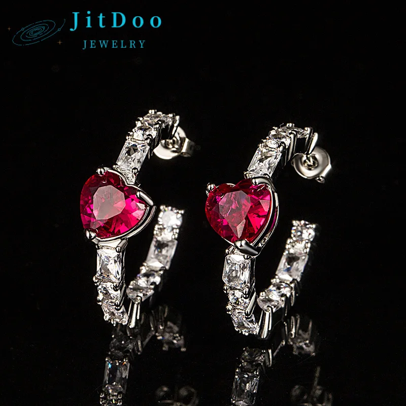 JitDoo Vintage 100% Real 925 Sterling Silver Crystal Pink Heart Zircon Party Wedding Earrings for Women Bridal Jewelry Gift