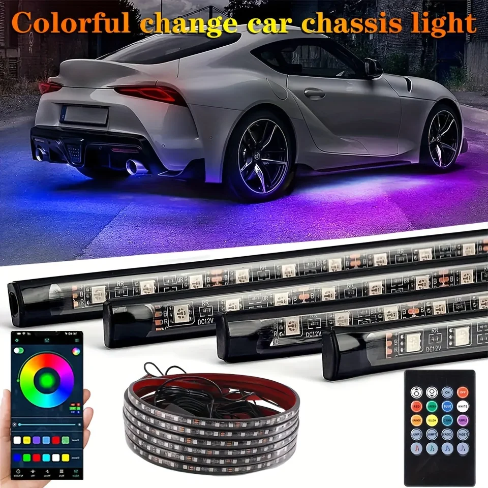 

4 шт. Общая автомобильная светодиодная лента RGB, автомобильная светодиодная подсветка, неоновый музыкальный режим с приложением, беспроводной пульт дистанционного управления