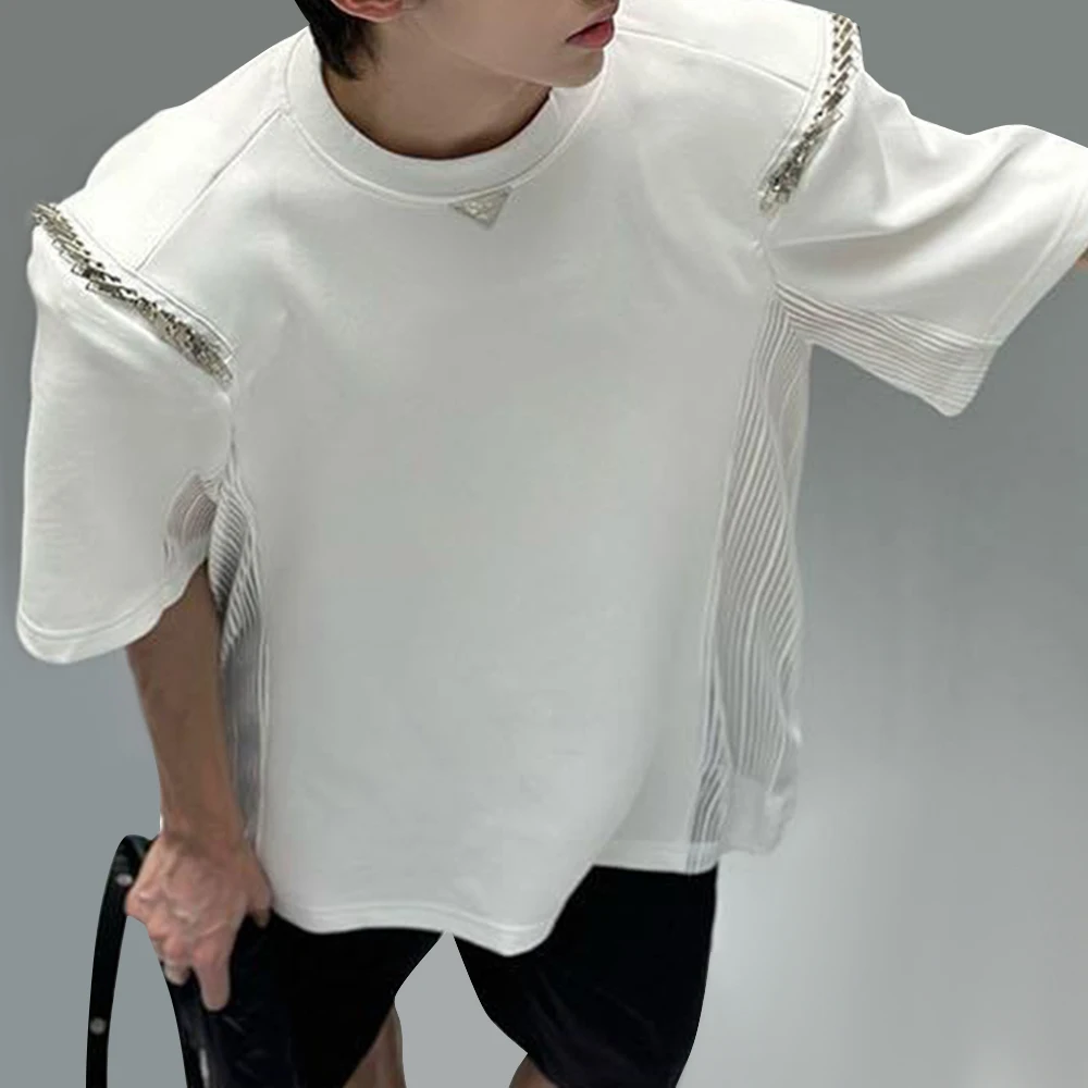 Mens casual splicing see-through chain t-shirt 2024 new genderless youth trend streetwear back mesh see-through top unisex