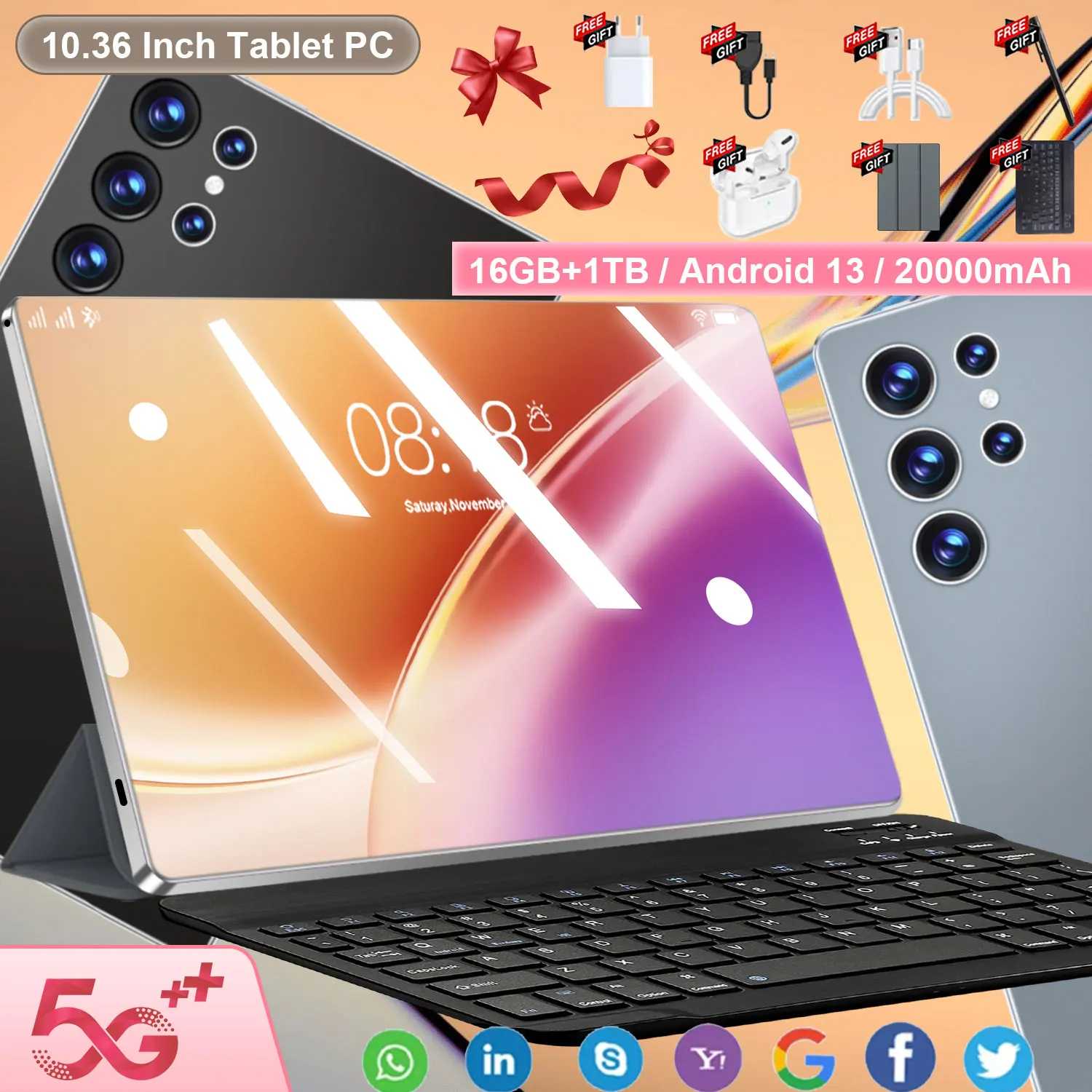Tablet PC de 10.36 Pulgadas con Pantalla 4K HD, 16 GB de RAM, 1 TB de ROM, Batería de 20000 mAh, Android 13.0, Red WiFi 5G, Procesador de 14 Núcleos, Doble SIM, Llamadas Telefónicas, con Teclado