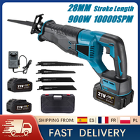 10000SPM Cordless Electric Reciprocating Saw 900W Power Tool with 4 Blades 1/2 Battery Storage Box for Wood Metal Pipes Cutting