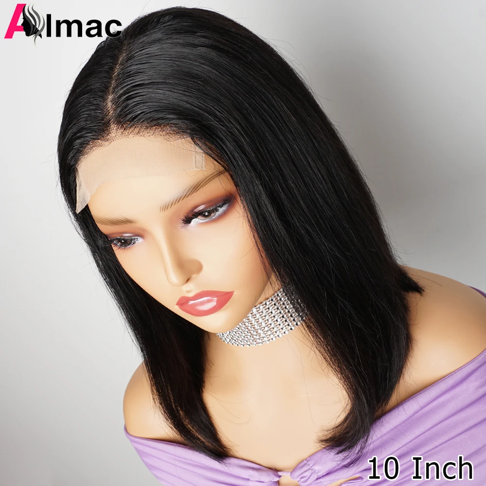 4x1 Short Bob T Part Wig Indian Remy Bone Straight Human Hair Wig For Black Women Pre-Plucked Natural Color 8-14 Inch