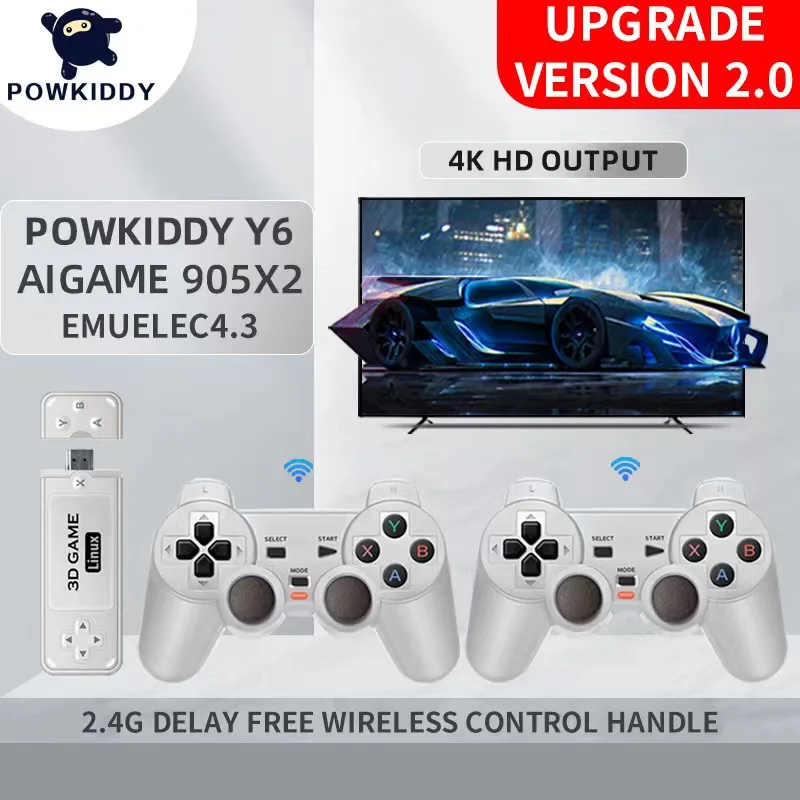 Powkiddy Y6 2.4G Wireless Game Tv Stick Retro PS1 Family Portable Video Game Console 4K HD Support Multiplayer 10000 Games Gifts