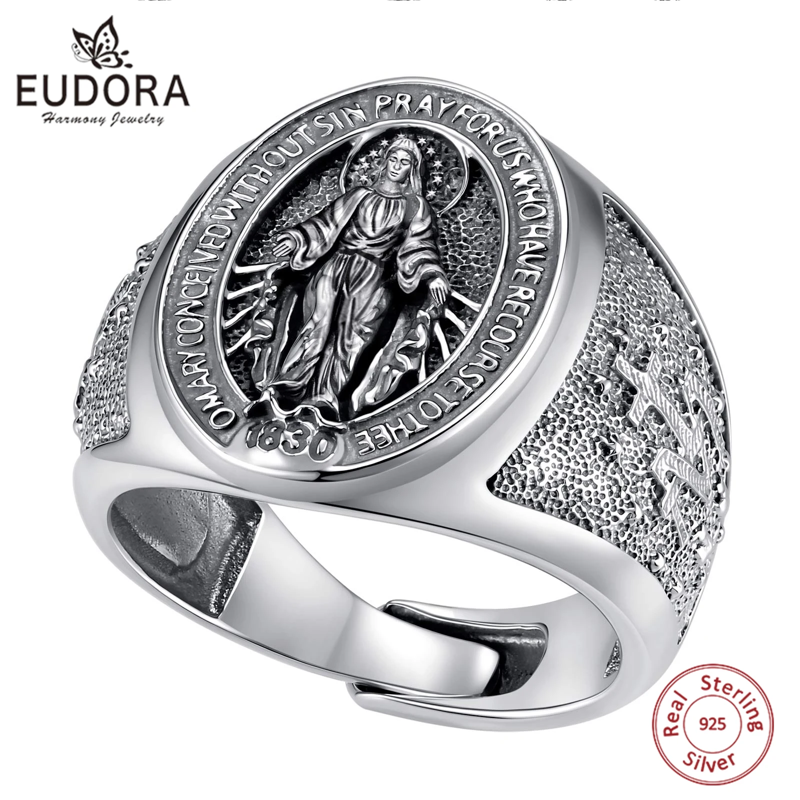 

Eudora 925 Sterling Silver Virgin Mary Medal Adjustable Ring Our Lady of Guadalupe Ring Religious Jewelry Catholic Gift Women