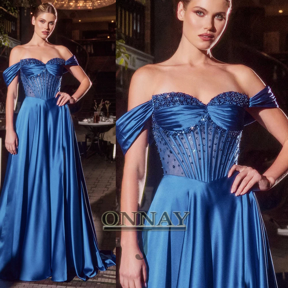 Vestido De noche azul personalizado con hombros descubiertos ilusión De diamantes De imitación para mujer Dubai Arabia Saudí Vestidos De Fiesta vestido a medida Plus