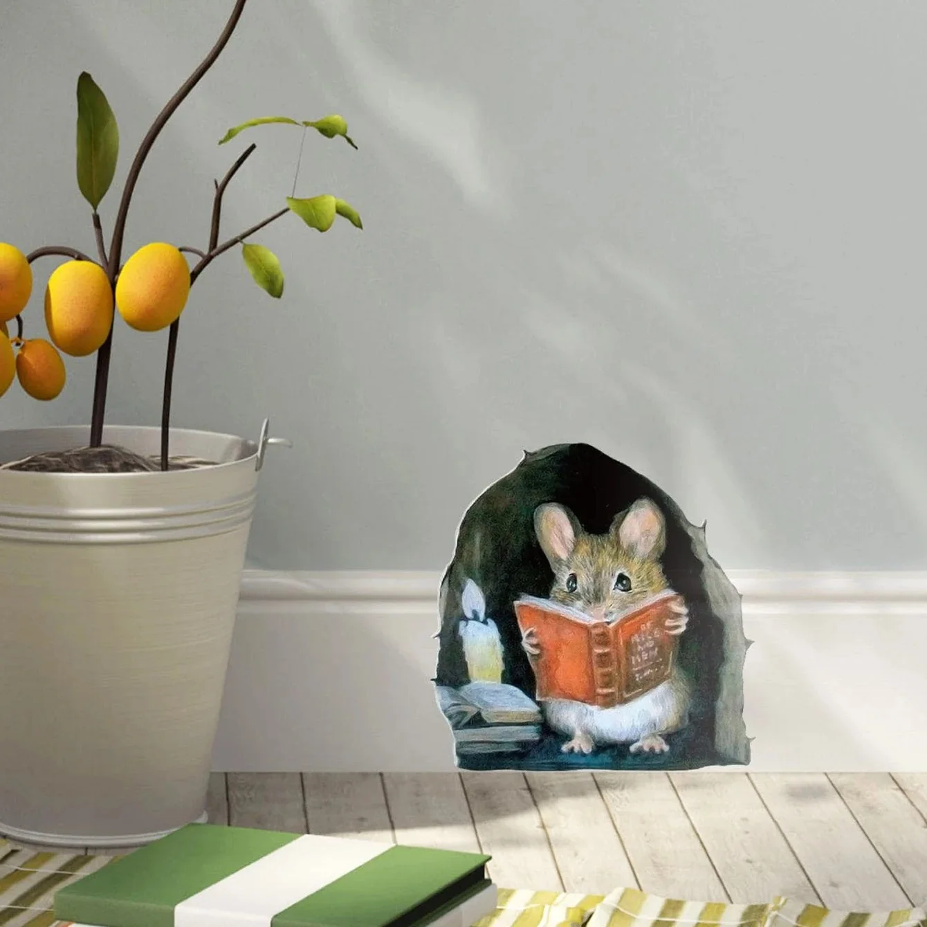 1PC efekt 3D naklejka z dziurką pod mysz czytaj kwitnąca gałąź mysz urocze zwierzę Home Decor tapeta samoprzylepna bez pozostałości 3,93x3,93 cala — zdjęcie 2