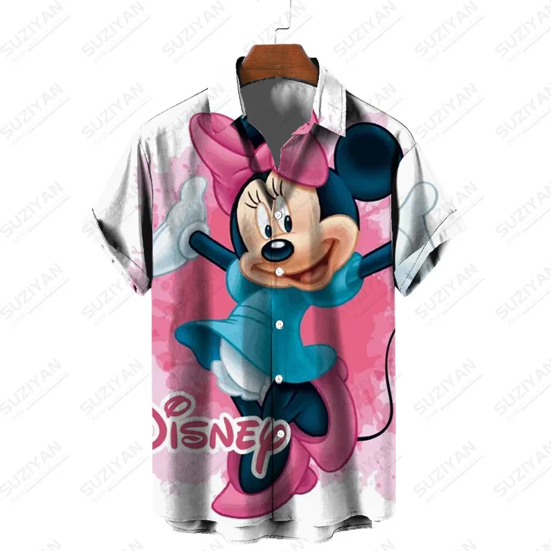 Verão nova disney mickey e minnie impressão dos desenhos animados chinês lapela camisa de manga curta casual doce estilo rua