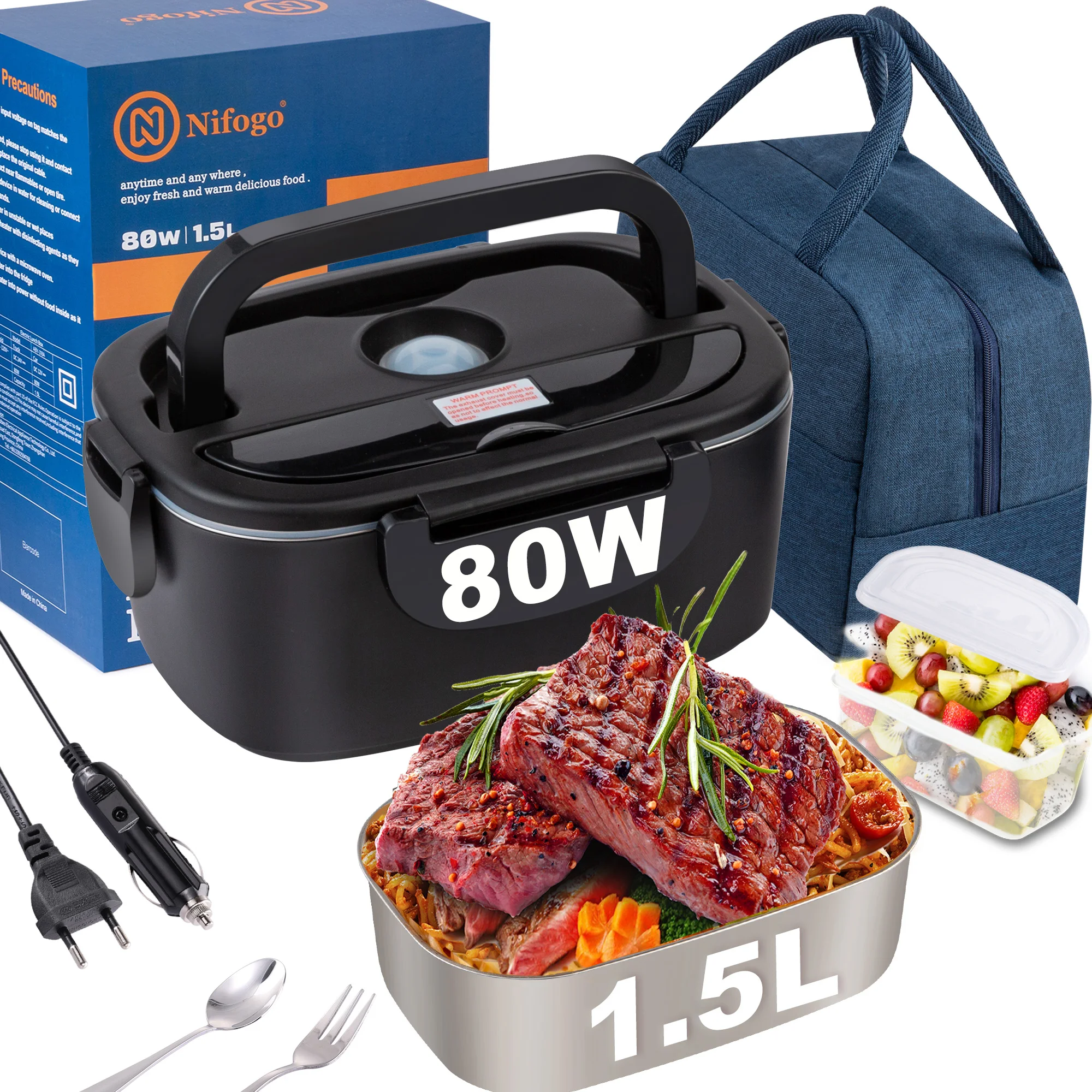 Boîte à déjeuner électrique 1,5 l, 80 W, 12 V/24 V/230 V, chauffe-aliments Portable pour voiture ou maison, chauffage du déjeuner