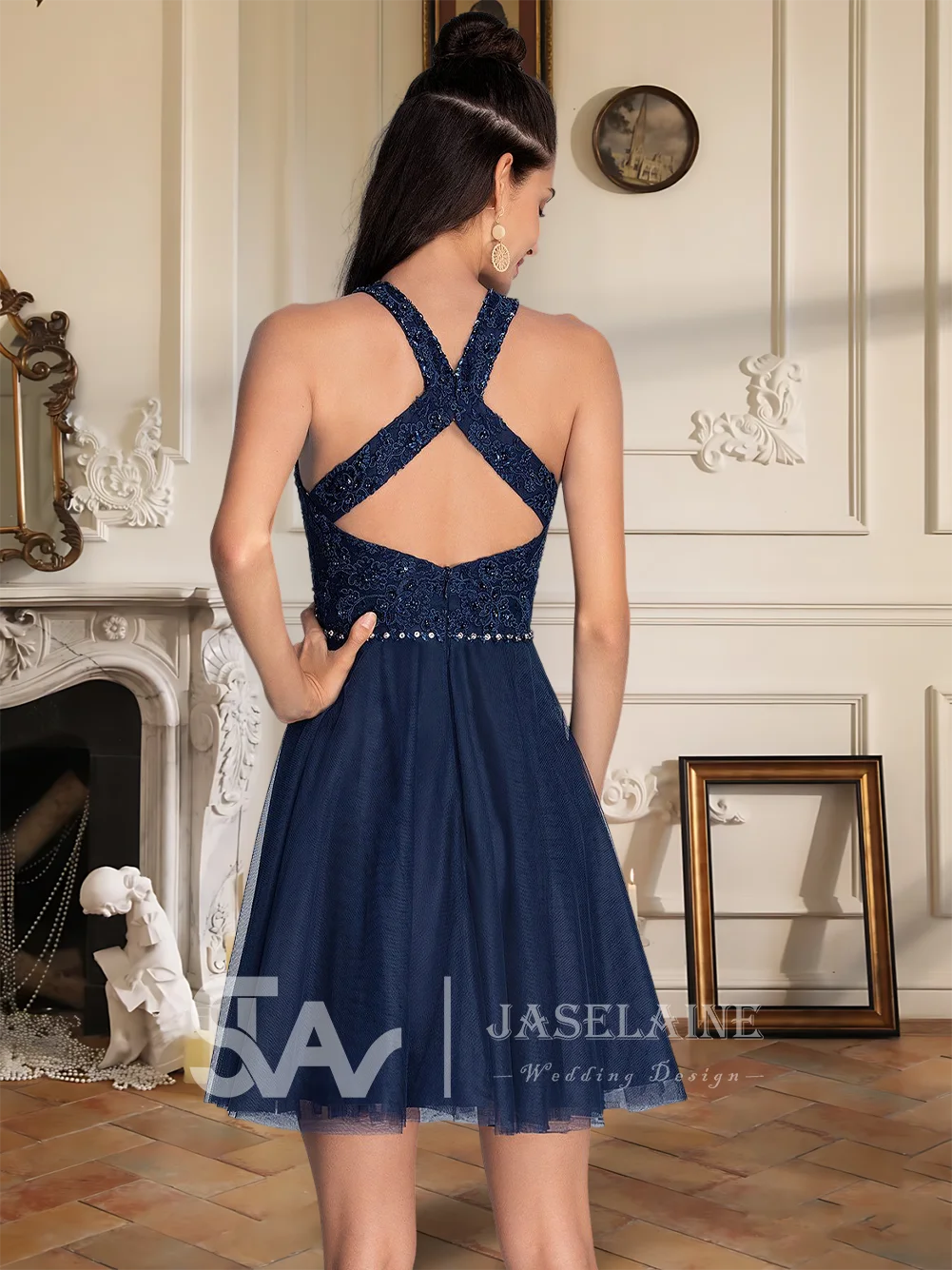 Homecoming Dresses Cocktail Graduation Party Formal Short A-Line Rhinestone Beaded Tulle Scoop Women Summer Wedding Party Gowns