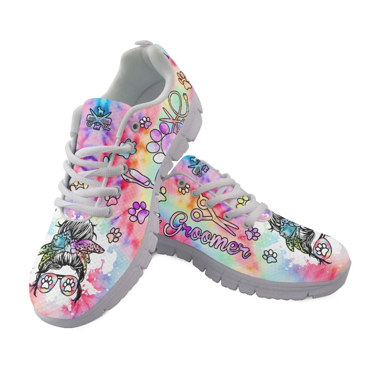 INSTANTARTS Breathable Women Casual Shoes Tie Dye Dog Groomer Mom Design Flat Shoes Walking Jogging Footwear Zapatillas Mujer