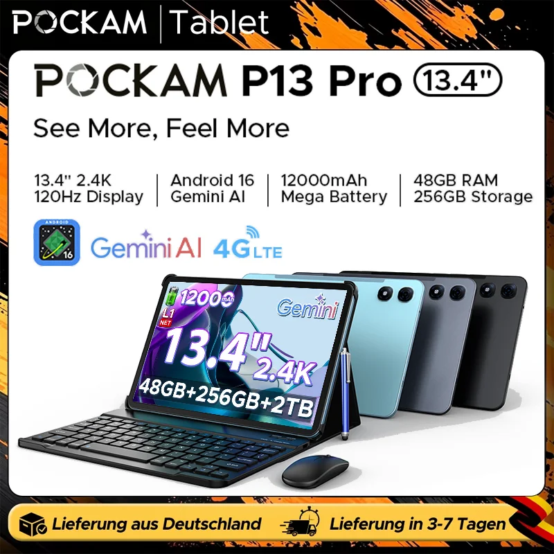 POCKAM P13 Pro 2-in-1 Tablet-PC Android 16 13.4 Zoll 2.4K Display 48GB RAM (12+36) 256GB ROM 12000mAh Akku Widevine L1 Gemini AI Type-C GPS Appareil photo 16 MP