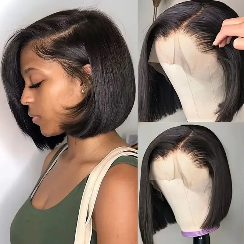 Perucas retas brasileiras do cabelo humano para mulheres, perucas de Bob com cabelo do bebê, máquina feita, densidade 200%