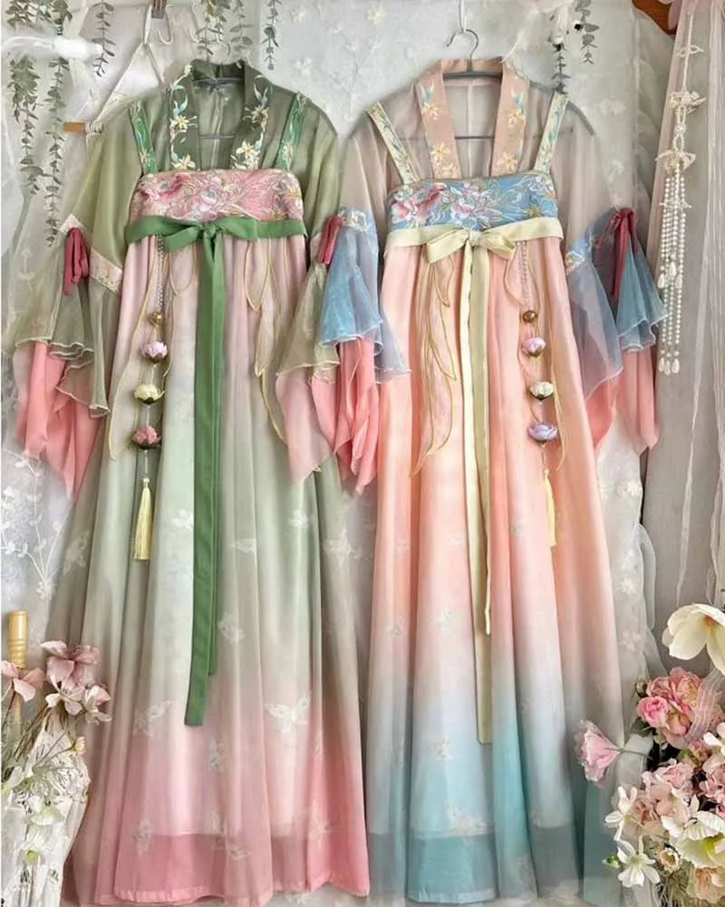 Vestido de Hanfu chino para mujer, traje de Cosplay de Hada de carnaval, trajes Tang degradados, estampado tradicional chino