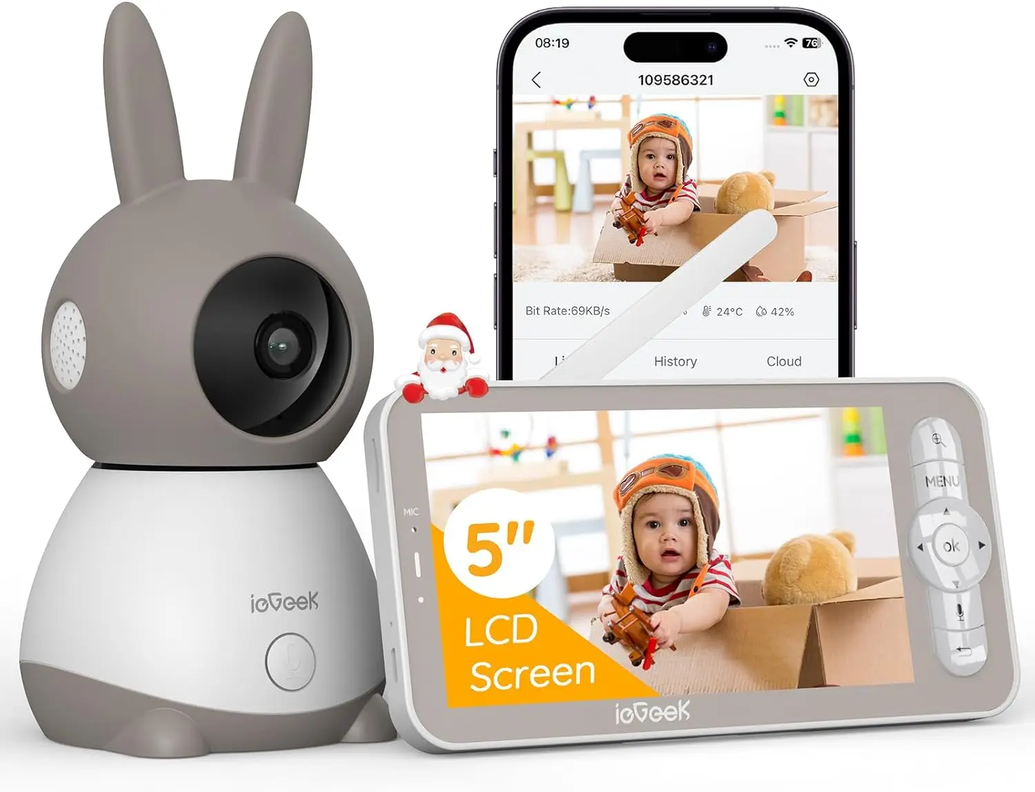 ieGeek 2K 2,4-GHz-WLAN-Babyphone mit 5-Zoll-Split-Screen, 360°-PTZ-Kamera | Nachtsicht, Steuerung per App & Monitor, 3000-mAh-Akku