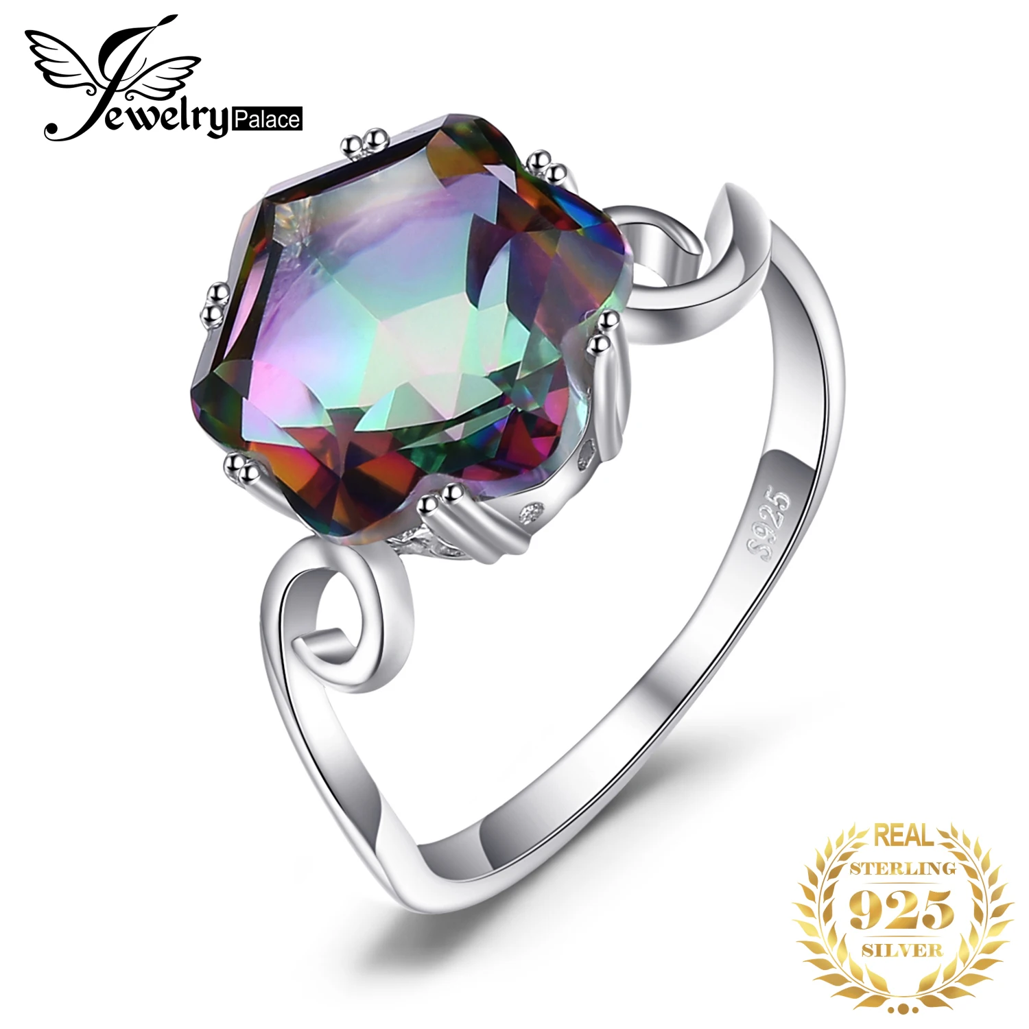 

JewelryPalace Flower Genuine Natural Rainbow Mystic Quartz 925 Sterling Silver Rings Women Fashion Statement Gemstone Jewelry