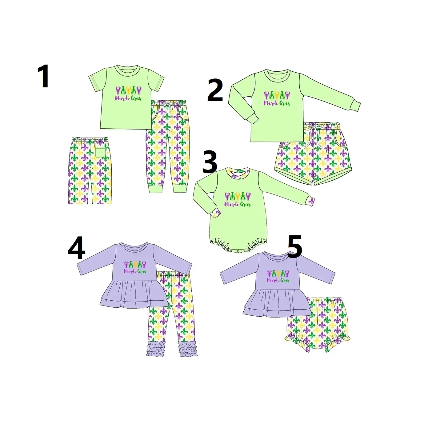 Mardi Gras collects long sleeve suits for boys and girls baby onesies Purple and green printed siblings