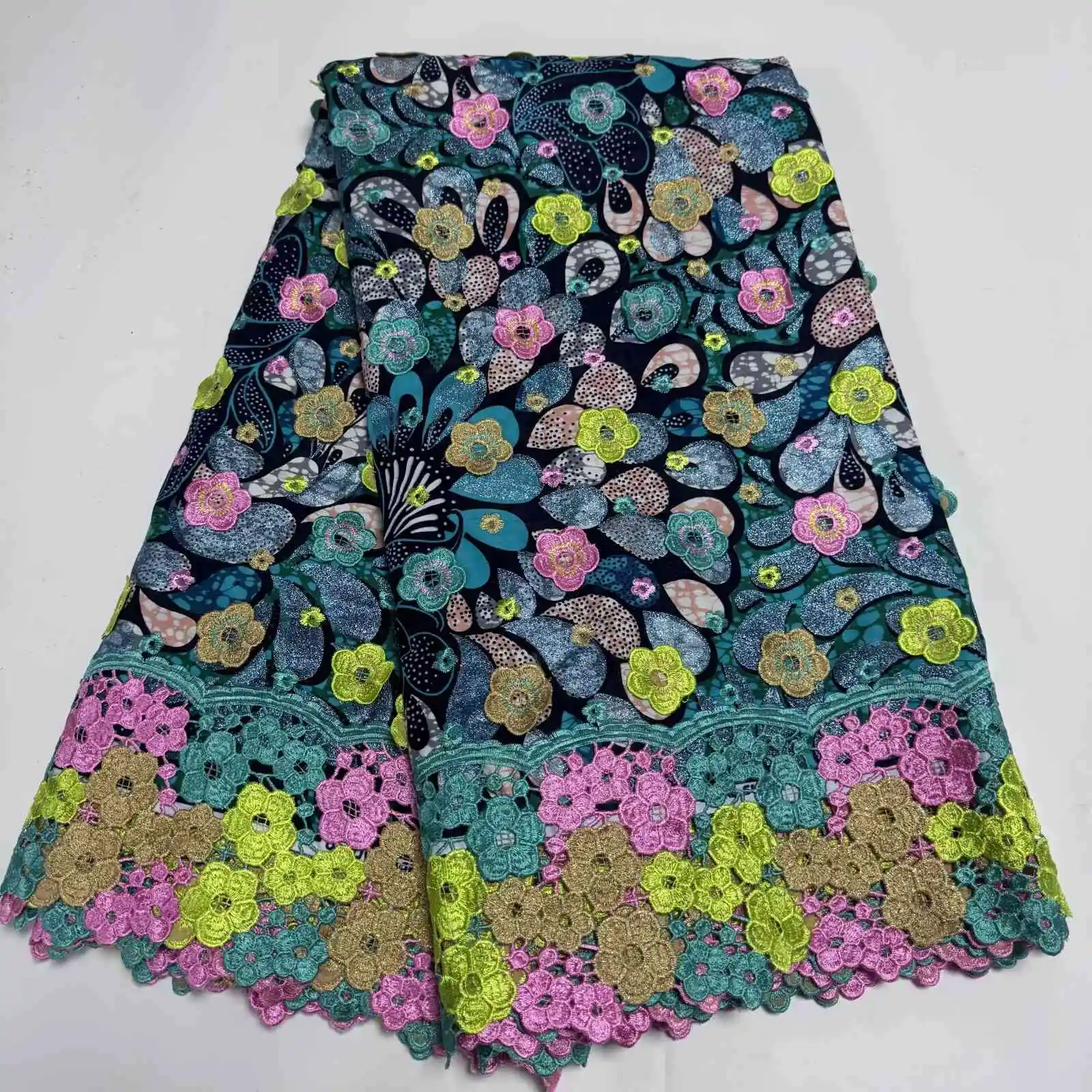 

100% хлопковая африканская ткань с блестками и восковым покрытием, 5 ярдов, мягкое модное кружево для женских платьев, вышивка, шитье, кружево