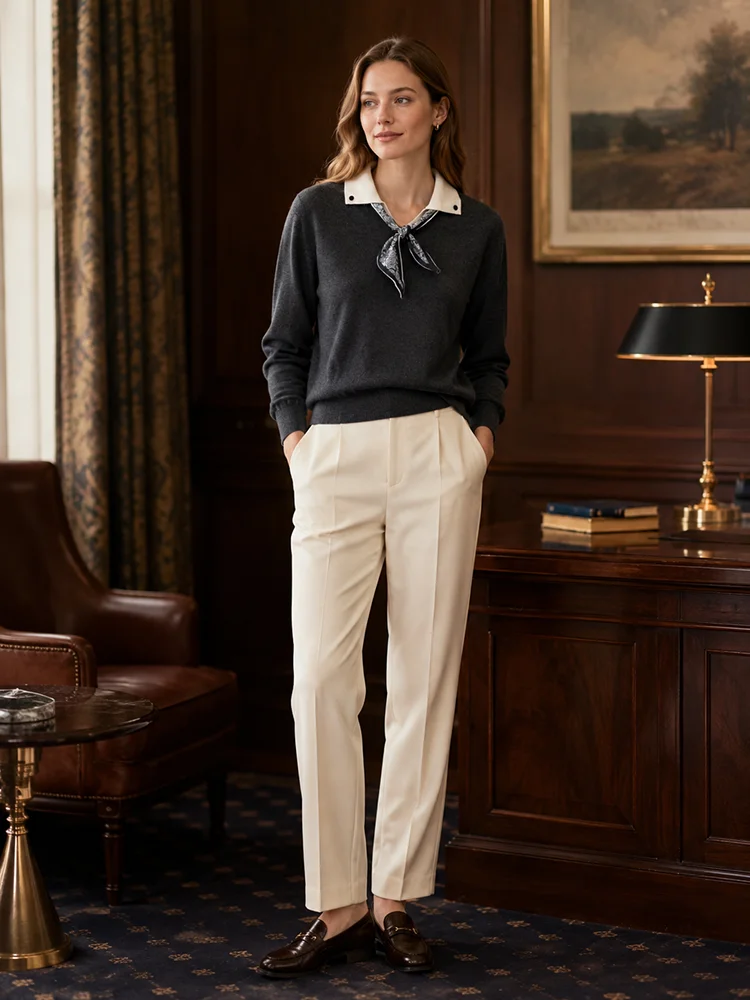 ML62115 Damen-Pullover mit Polokragen, Langarm, Strickpullover mit Kontrastkragen, Modal-Mischung mit Schal, lässiger Pullover für den Frühherbst – Detail 3