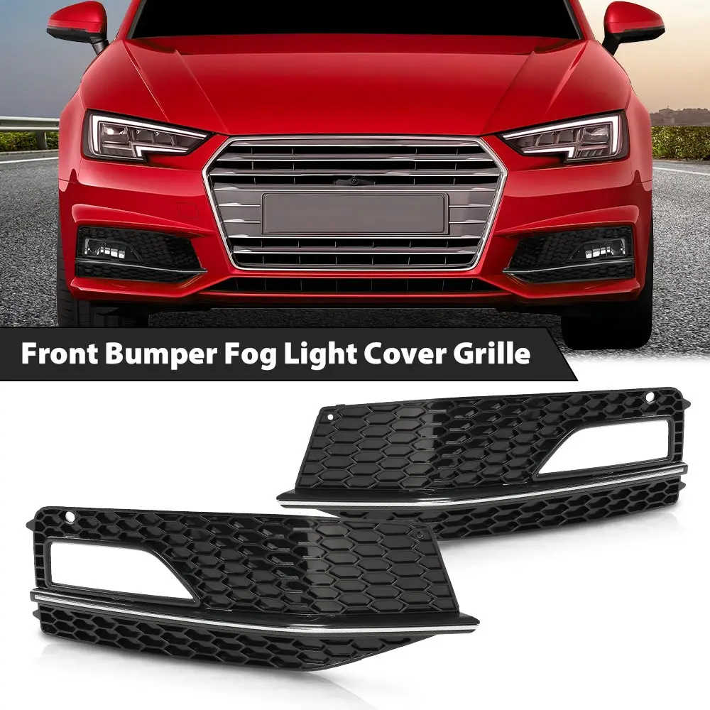 

1 Pair Front Bumper Fog Light Lamp Chrome Cover Bezel Fit for 13-16 Audi A4 Quattro B9 S4 S-Line Rh Lh Black with Silver Line