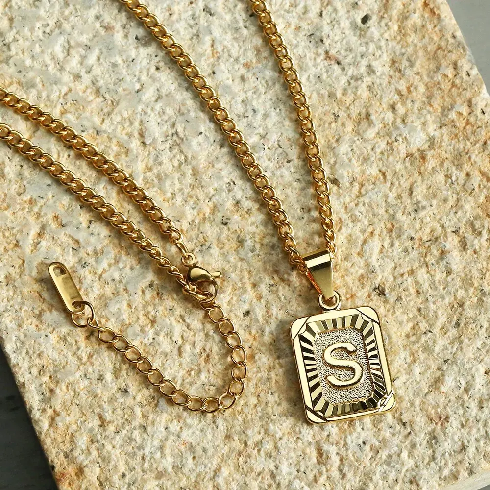 Initial Letter Pendant Necklaces Charm Gold Color Stainless Steel Letter Square Necklace For Women Alphabet Fashion Jewelry ﻿