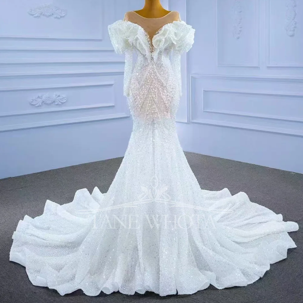 

Vestido Novia Manga Larga Beading Pearls Long Sleeves Luxury Fit Mermaid White Wedding Dress 2025