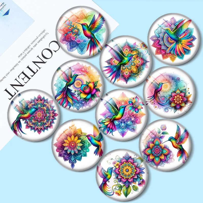

Colorful Hummingbird Mandala 10pcs 12mm/18mm/20mm/25mm Round photo glass cabochon demo flat back Making findings