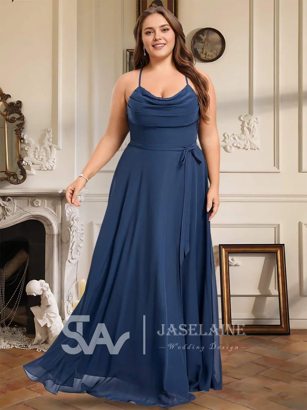 WMP Bridesmaid Dresses A-Line Cowl Floor-Length Chiffon Ruffle Spaghetti Straps Leg Slit Wedding Guest Evening Party Cocktail