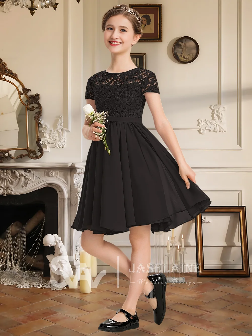 Abito da damigella d'onore junior con scollo a barchetta e fiocco Abito da ragazza di fiori in chiffon di pizzo al ginocchio Manica corta Festa di nozze formale per ragazze