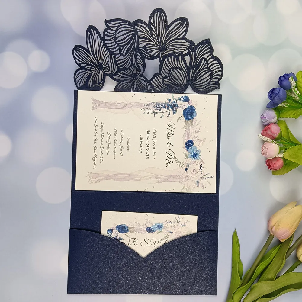 25X 3 fold Sage Emerald Dark Green Navy Blue Leaves Wedding Invitations Leaf Tri fold Invites with Envelope Rsvp 4 bridal shower