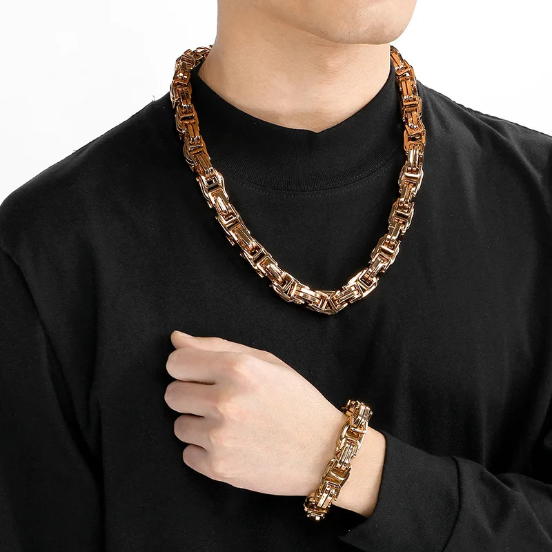 Chunky Men's Necklaces Bracelet Durable Stainless Steel Hip-Hop Authority Byantine Chain Two Sizes (12mm & 15mm)