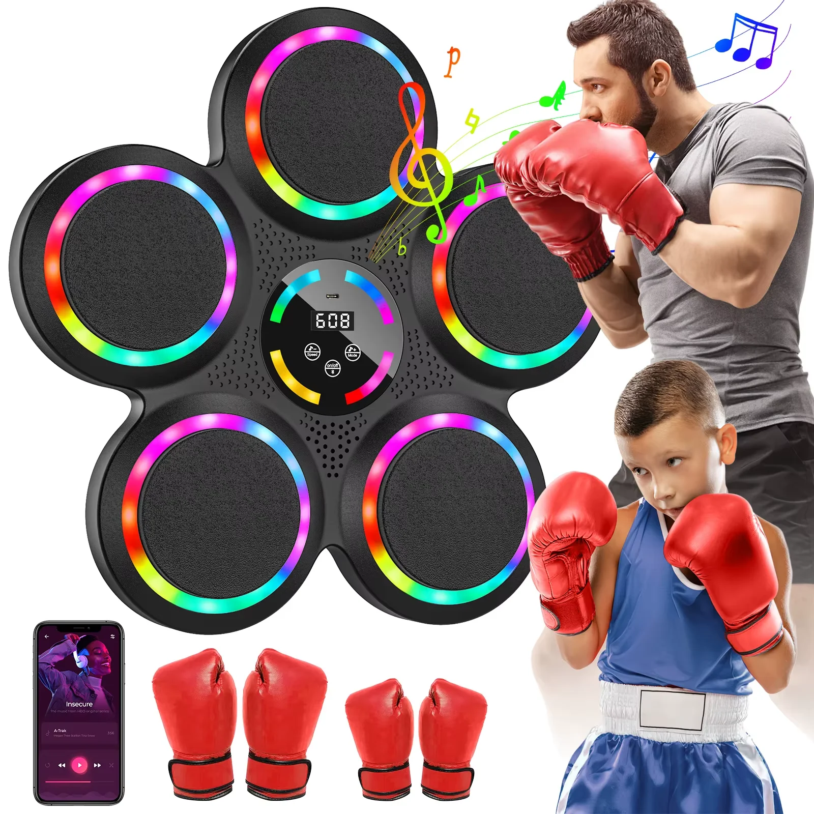 Intelligente Bluetooth-Musik-Boxmaschine mit 9 Modi & Geschwindigkeiten, Automatischer Farbwechsel-Schlagzähler für Heimfitness für Erwachsene & Kinder