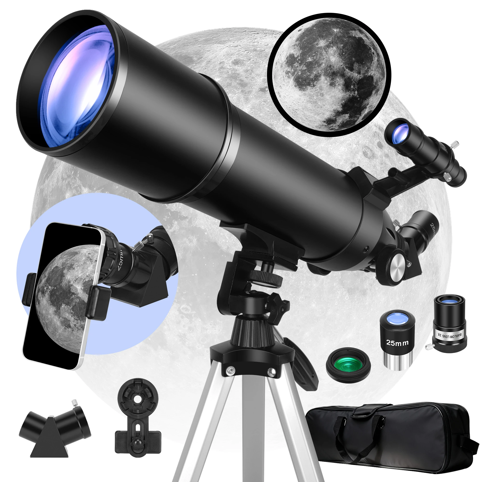 Telescopio Astronómico Refractor de 80 mm de Apertura y 600 mm de Distancia Focal, Apto para Adultos y Principiantes, Aumento de 180X, Incluye Trípode, Soporte para Teléfono y Bolsa de Almacenamiento