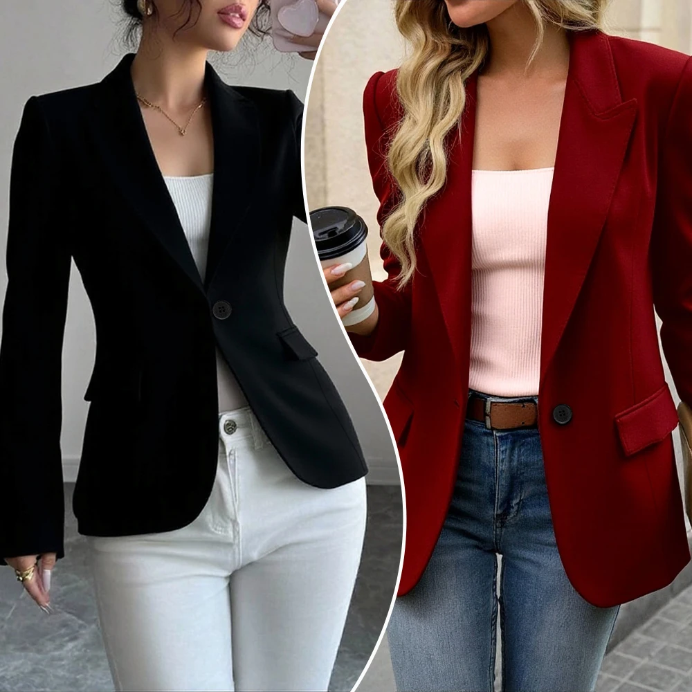 レディース スリムフィット シングルブレスト ブレザー ノッチドラペル 機能性ポケット付き – 秋冬 オフィス カジュアルウェア マルチカラー ジャケット