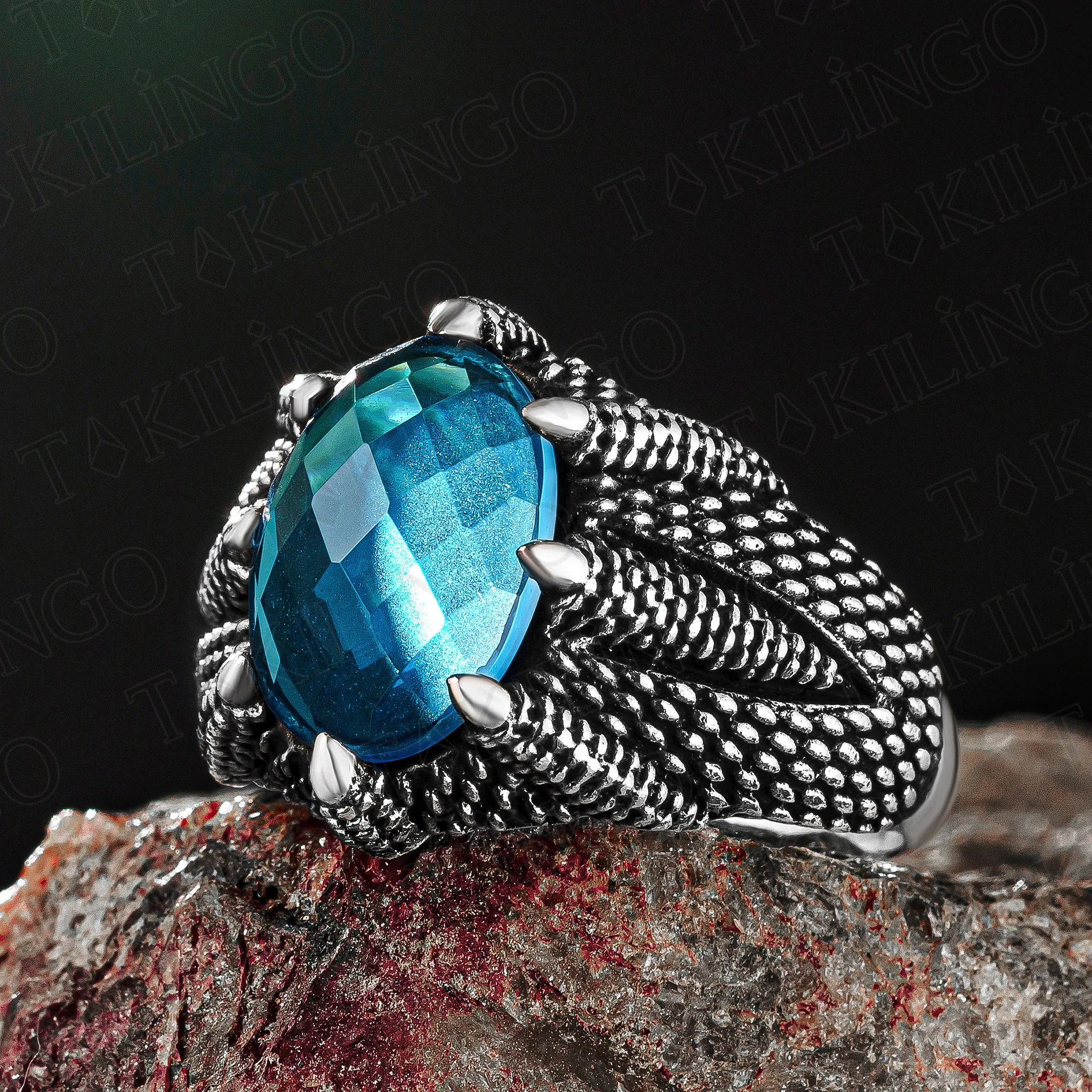 

Genuine 925 Sterling Silver Claw Design Aquamarine Men's Ring High Quality Fashion Business Jewelry Accessory Gift For Him