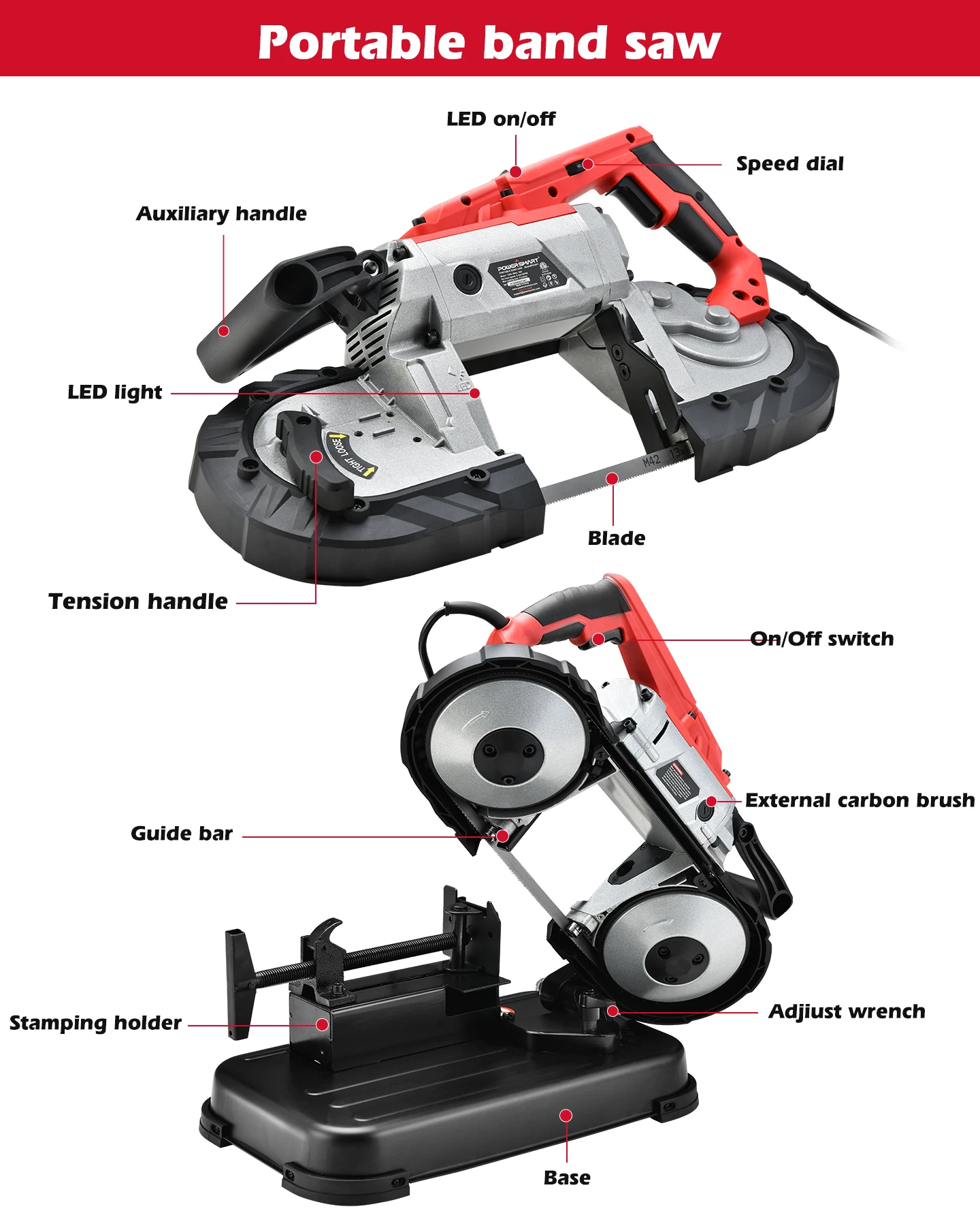PowerSmart Portable Band Saw with Removable Alloy Steel Base, 10Amp 1100W Motor 5-Inch Deep Cut Bandsaw for Metal Wood
