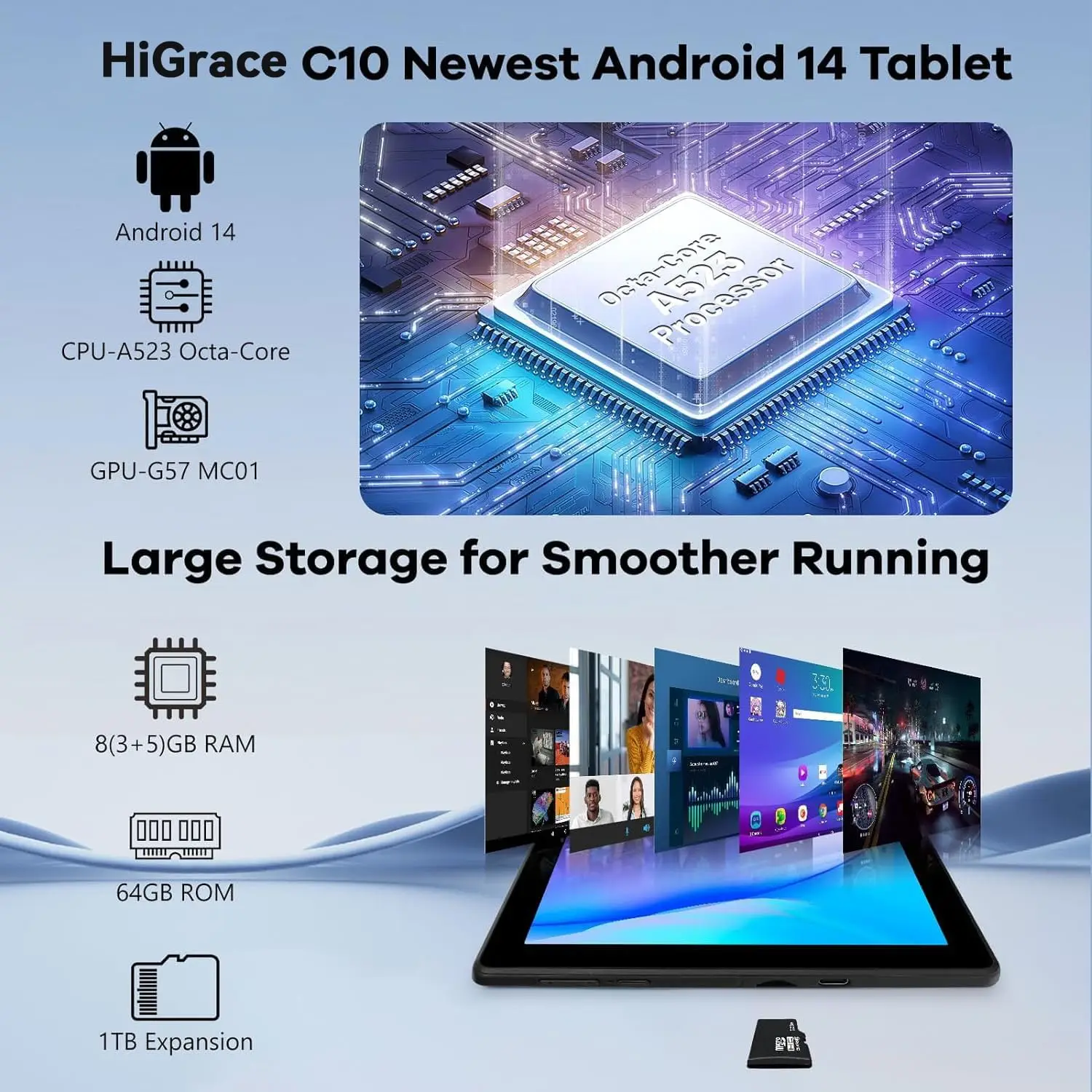 AEEZO Android 14 10 inch Octa-Core Tablet 8GB RAM+64GB ROM (Expand to 1TB) with Bluetooth5.3 WiFi 6 5MP+8MP Camera Fast Charging