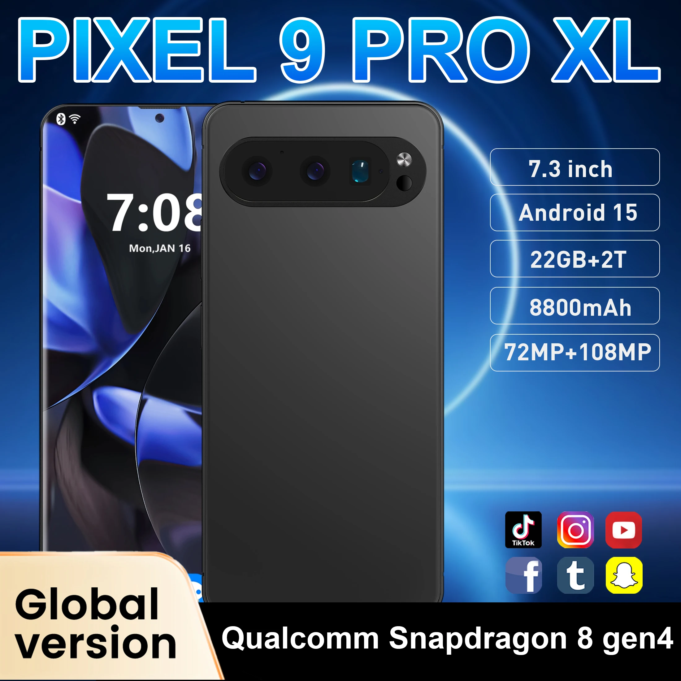 Version globale du smartphone 9 Pro XL, écran 7,3 pouces FHD+, 108MP, 22 Go + 2 To, Snapdragon 8 Gen4, 8800 mAh, double SIM, Android 15, téléphone Pixel extensible