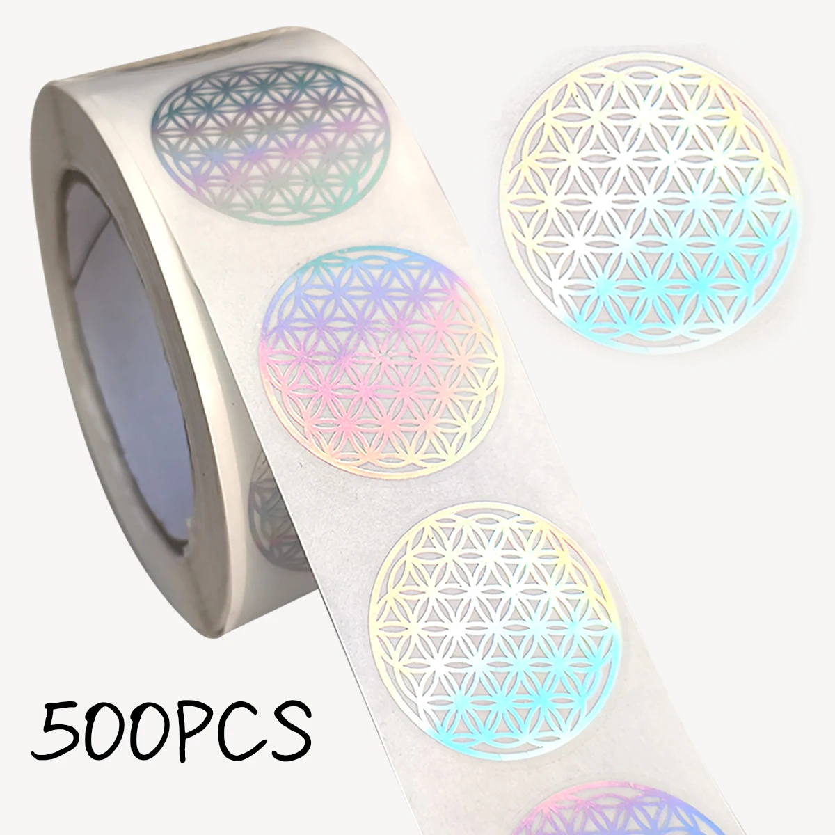 

500 Pcs Flower of Life Stickers Roll, Holographic Round Sealing Labels for Packaging, Scrapbooking and DIY Crafts, Silvery.