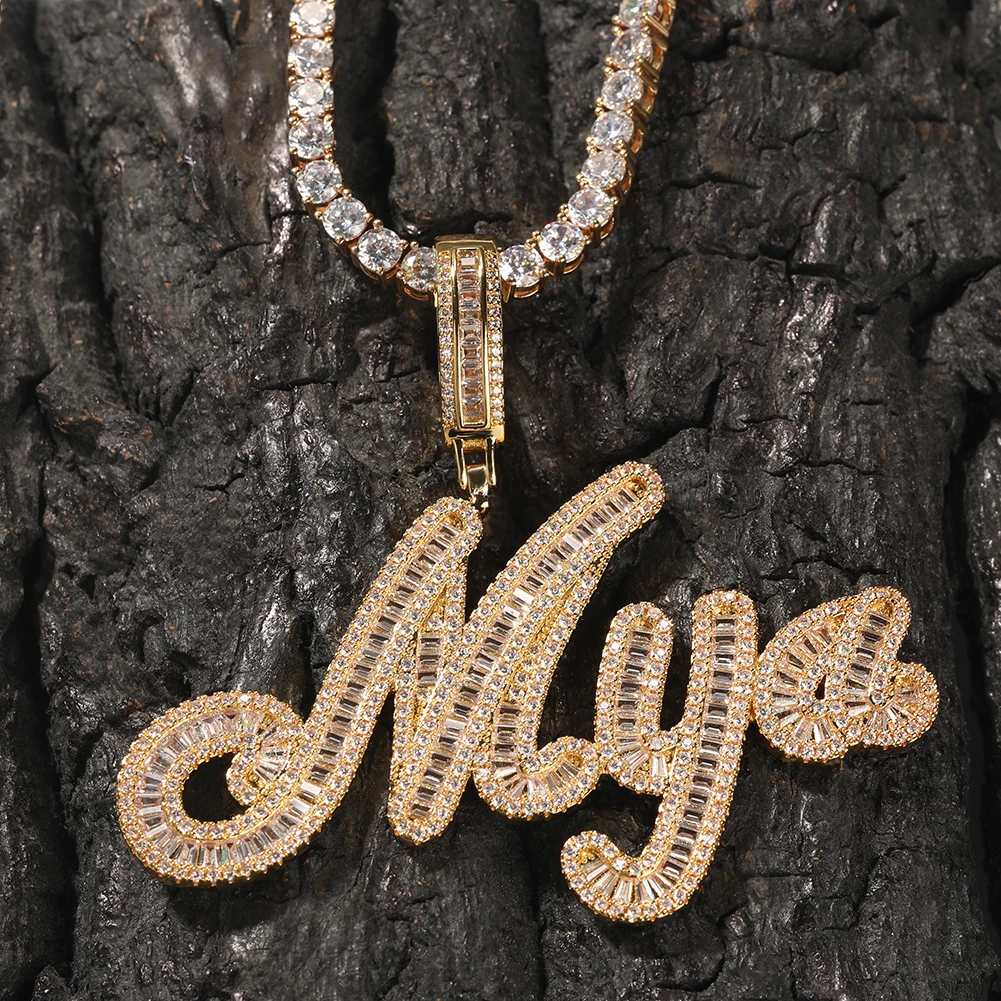 De Bling King Custom Borstel Cursief Brief Naam Hanger Ketting Iced Out Bageutte Zirconia Ketting Hiphop Sieraden