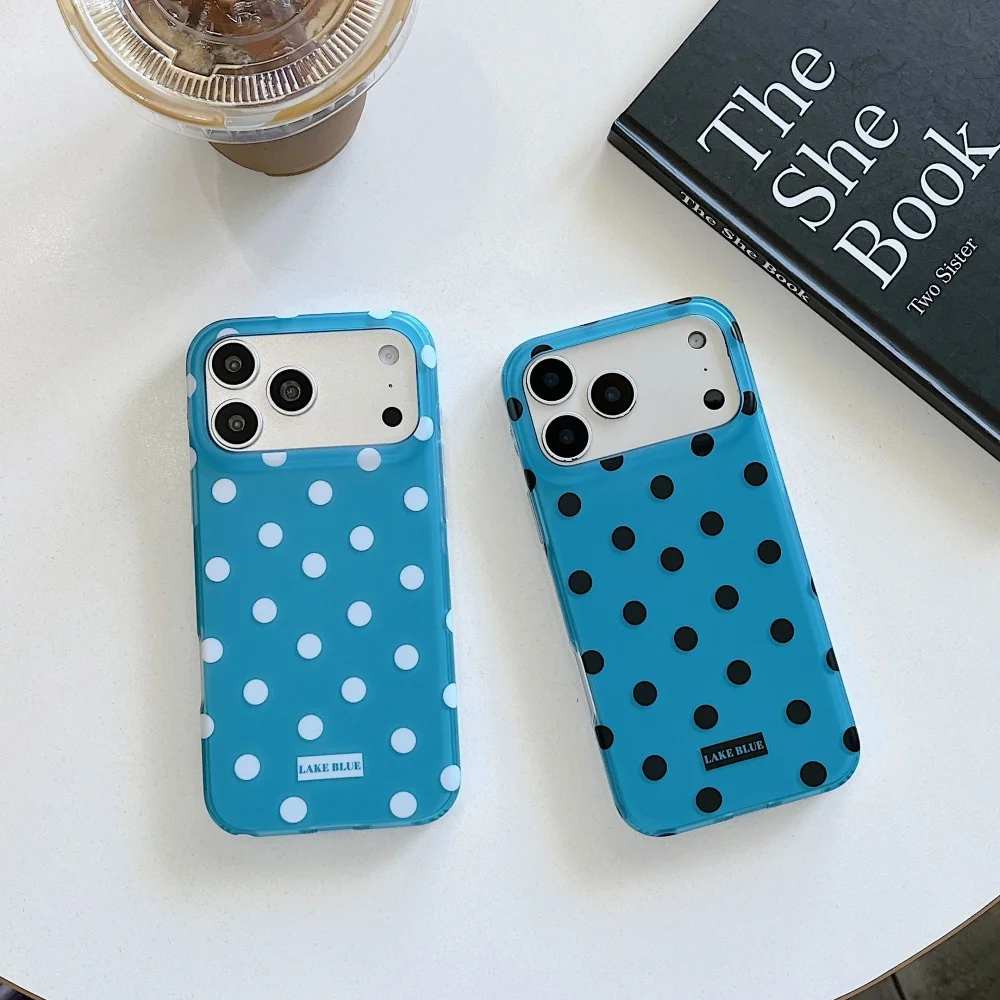 Korean Ins Fresh Blue Polka Dot Mobile Phone Case Suitable For iPhone 15 16 17 Promax 16 15Pro Simple Anti-Fall Protective Cover
