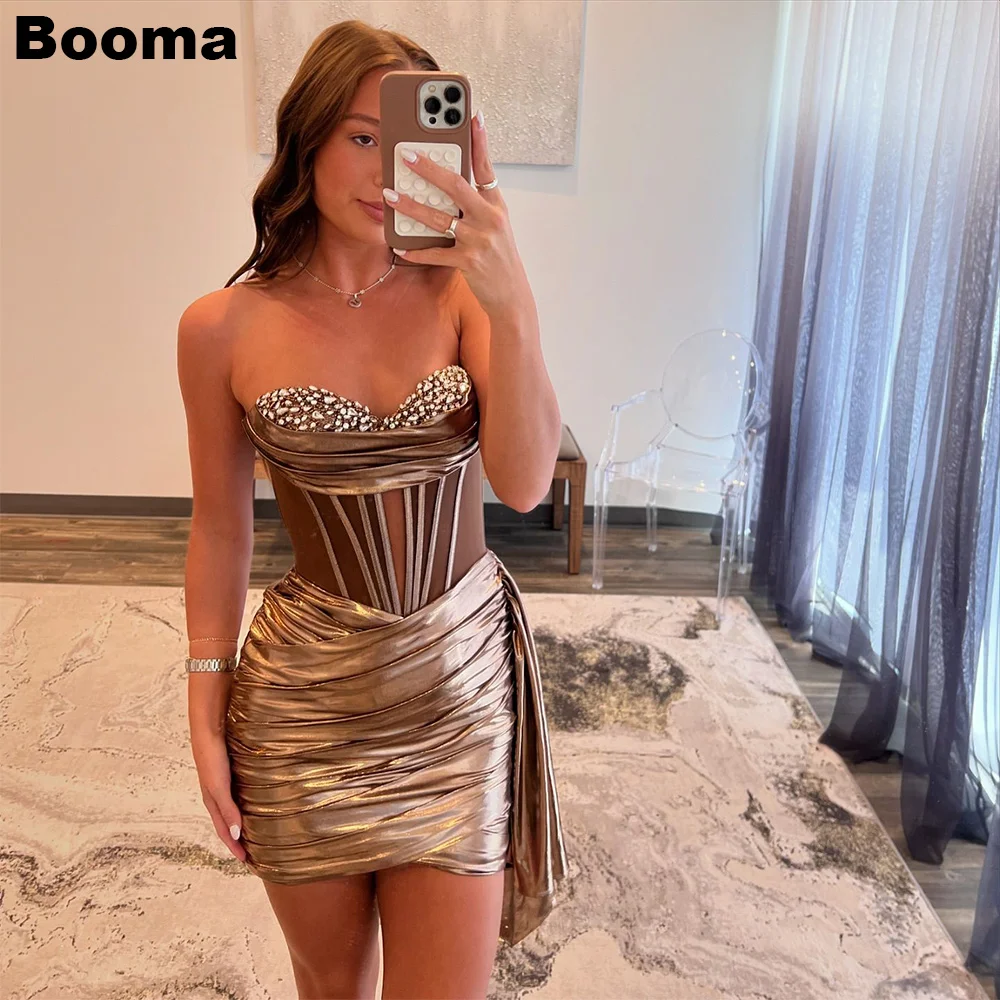 

Booma Mini Mermaid Prom Dresses Sweetheart Sleeveless Crystal Cocktail Dresses for Women Pleats Draped Special Occasion Gowns