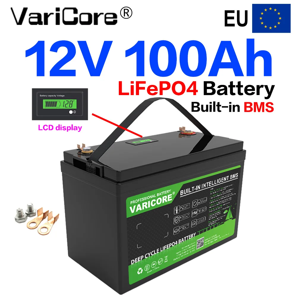 Batería VariCore 12V 100Ah LiFePO4, 12.8V, ciclo profundo con BMS inteligente integrado, 6000 ciclos, recargable
