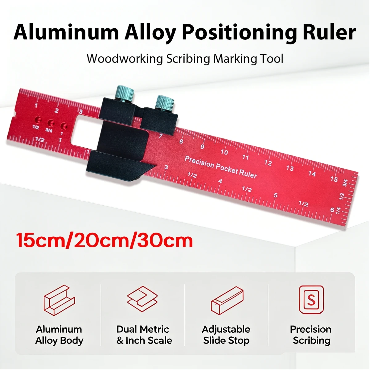 Woodworking Tools Ruler - Pocket Ruler Layout Tool Aluminum Precision Ruler with T-Track Metal Slide Stops,Inch and Metric Scale