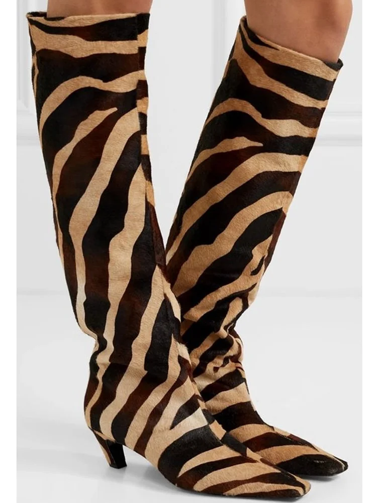 Zebra buty do kolan obcasy typu Kitten wsuwane na buty na jesień i zimę kwadratowy palec na zamówienie 2024 nowości modne buty