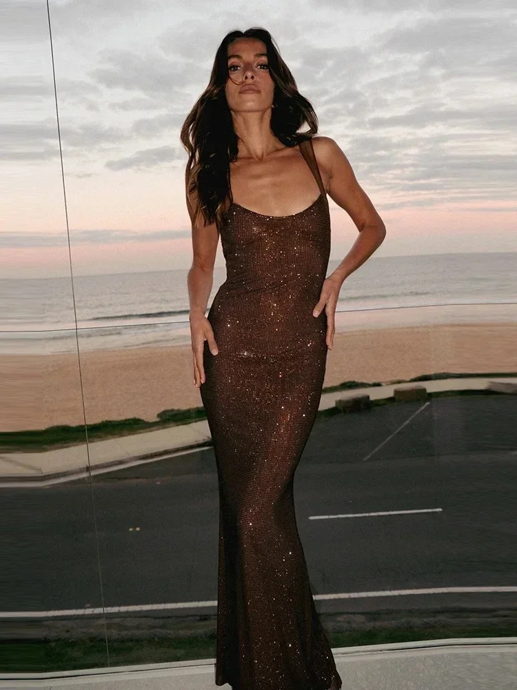 Sexy vierkante kraag mesh patchwork diamanten lange jurk vrouwen backless glanzende strass slanke jurken avondfeest cocktailjurken - afbeelding 2
