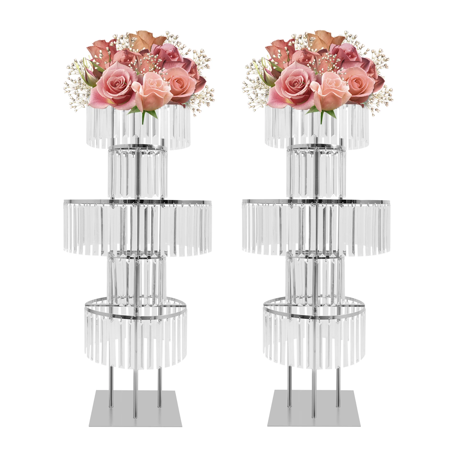 

Silver Crystal Vases for Centerpieces, 47.2in Metal Pedestal Stands for Table Chandelier Centerpiece Wedding, 5 Tier Round