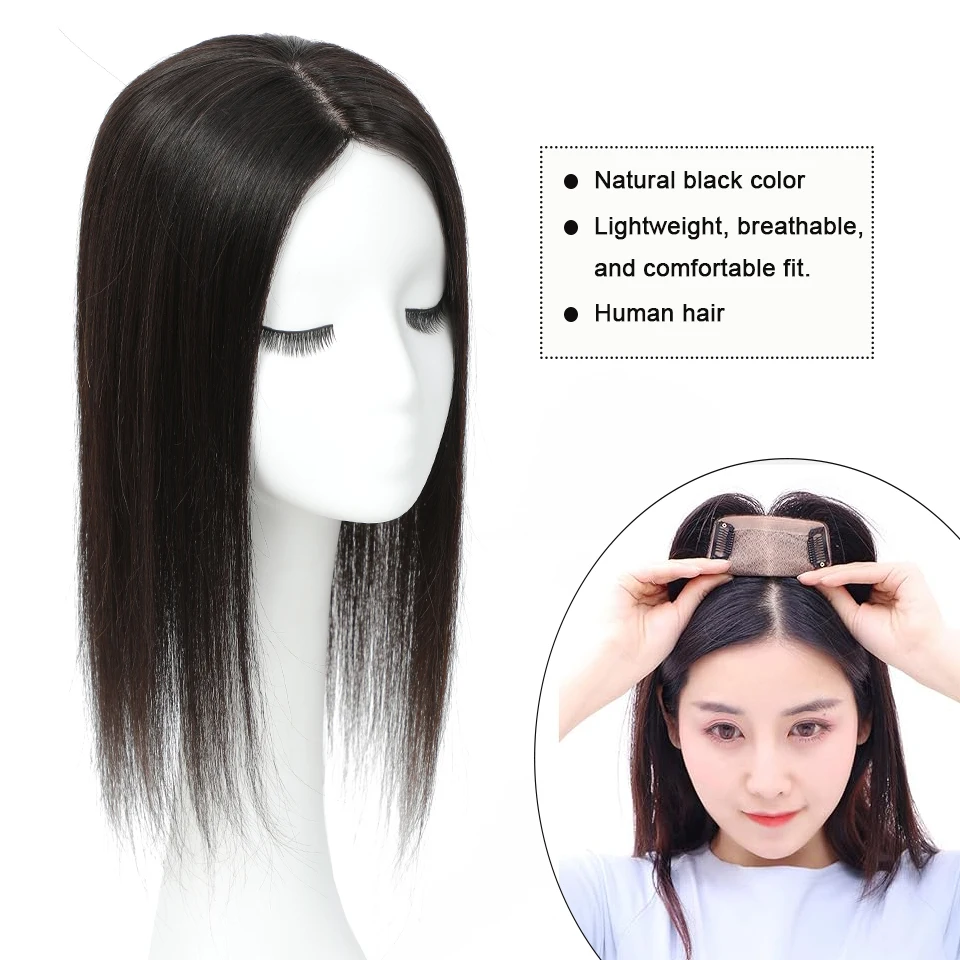 Dazzeal Topper 100% Human Hair Toppers Black Hairs Topper Silk Base Clip Pieces For Women with Thinning Hair Clip in Extensions